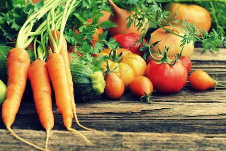 胡萝卜叶子夏南瓜健康食品配料背景木制中的蔬菜和香草图片