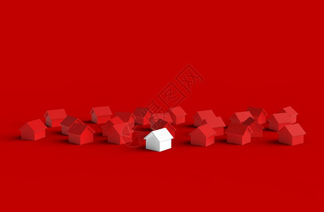 住房红色背景3D上隔绝的模糊房屋组说明团队贷款图片