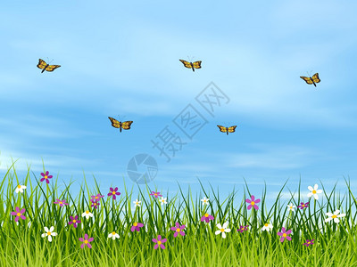 美丽的实际天在草原上飞的君主蝴蝶3D使王朝蝴蝶在草地上飞的君主蝴蝶图片