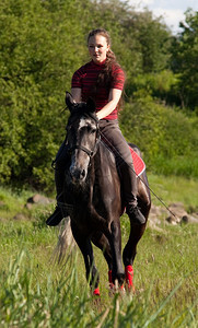 女孩骑着一匹绿色木头背景的马场骑术美丽图片
