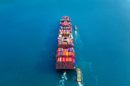 血管蓝色的对海上集装箱货船的空中观航贸易图片