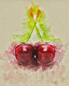彩色背景的手抽水彩画樱桃自然标签颜色图片