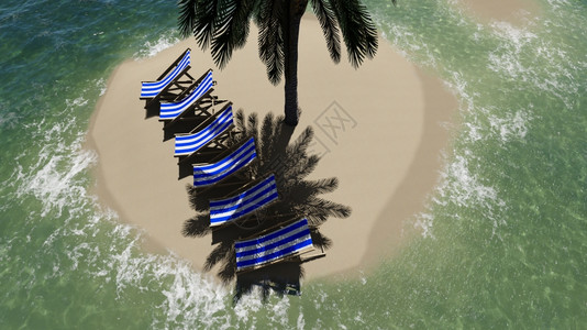 经过阳光明媚的白天和棕榈树在海边的雨伞下坐着椅子3D制成清除插图图片