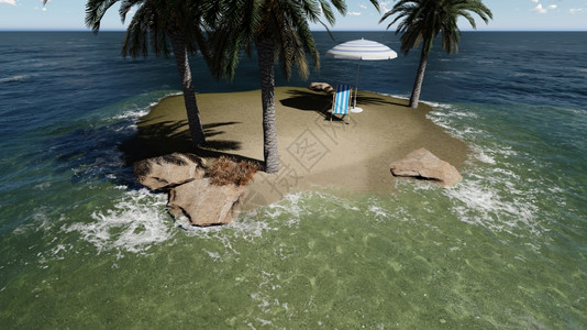 天空夏阳光明媚的白和棕榈树在海边的雨伞下坐着椅子3D制成松弛图片