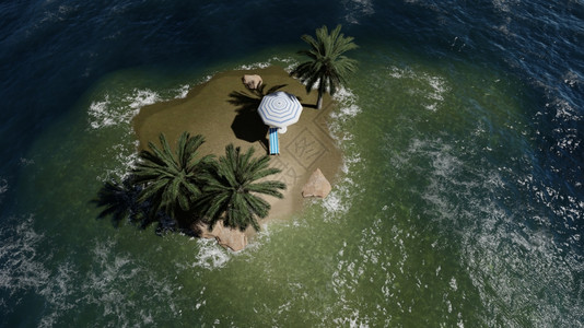 阳光明媚的白天和棕榈树在海边的雨伞下坐着椅子3D制成假期户外太阳图片