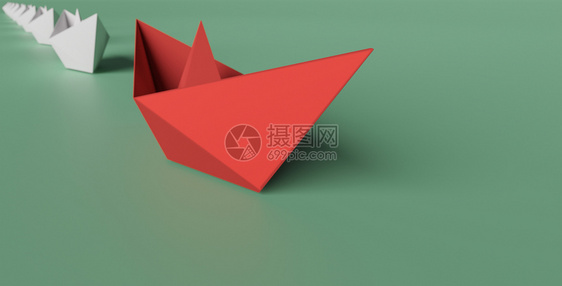 目的抽象3D领导力概念说明右侧的红纸船领头一组白从左线到右上行驶鸟图片