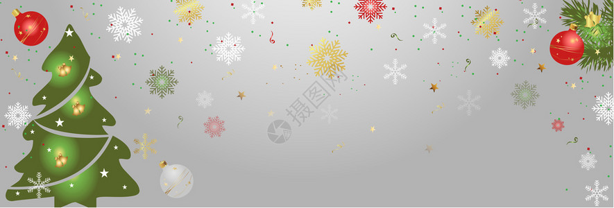 圣诞和新年横向幅圣诞树节日背景雪花和闪亮的灯光华丽园并配有圣诞球的矢量插图红色绿框架图片