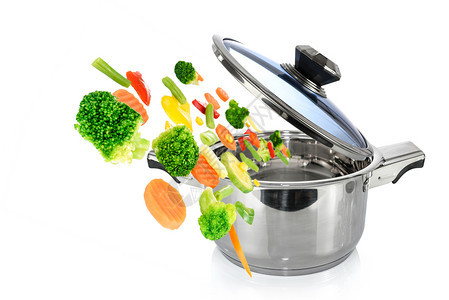 配料厨房健康烹饪概念形象将蔬菜混合成不锈钢锅在白色背景上隔绝吃图片