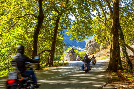 速度数辆摩托旅游者公司在山林路上骑摩托车的汽司机公在山林路上行驶的几辆摩托车旅游者公司高速路旅行图片