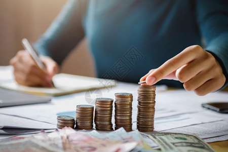 货币保持女妇手硬币在案桌上堆叠储蓄资金融和会计概念图片