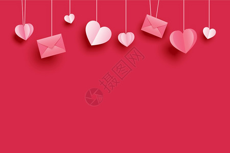 浪漫最佳飞行印有纸心挂在红面糊上的贺卡情人节背景图片