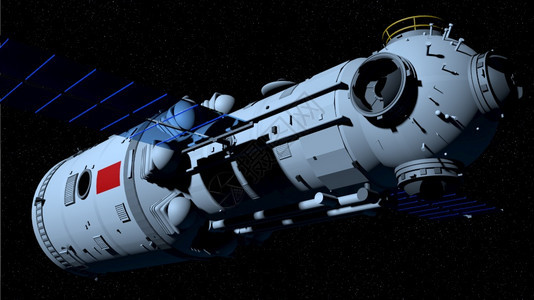 自然宇宙渲染天宫三号河核心舱3D模型空间站在黑色飞行星背景3D插图图片