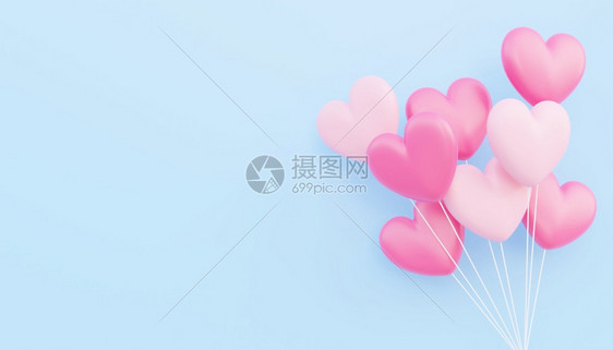 吹乐趣空气情人节爱概念粉红和白色3D心形气球花束在蓝色背景上漂浮带有复制空间图片