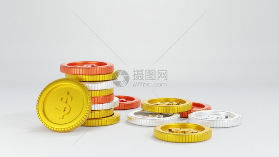 硬币雨现实的金被孤立在白后方3D投影上横幅图片