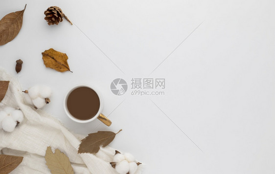 树叶最小的白色秋季成分咖啡杯干叶和白色背景的松锥平板铺带有复制空间的最高视图图片