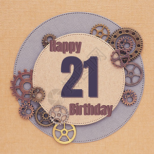 周年纪念日快乐的滴答作响给有不同尺寸颜色和圆圈的齿轮以及生日快乐21名词的男人贺卡图片