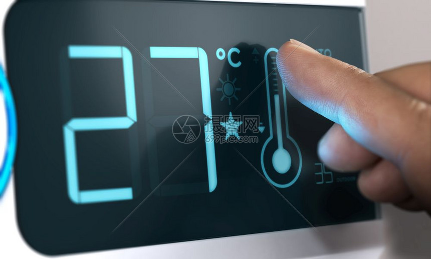 气候化界面触摸数字自动调温器度控制的手指将其定在27摄氏度将图像和3D背景数字自动调温器度控制设置在27摄氏度之间celcius图片