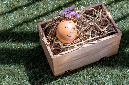 快乐的鸡蛋就躺在干稻草上快乐和放松的概念可爱乐趣图片