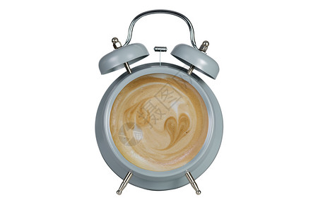 蓝闹钟设计中的热咖啡含泡沫的热咖啡是时间概念蓝色的手表爱图片