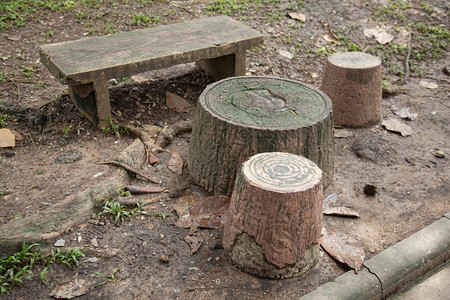 木制的像树一样用石头制成的椅子和桌但仿造者被安置在园圃中表自然图片