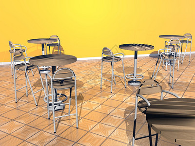 墙黄色房间的现代椅子和桌使成为小酒馆图片