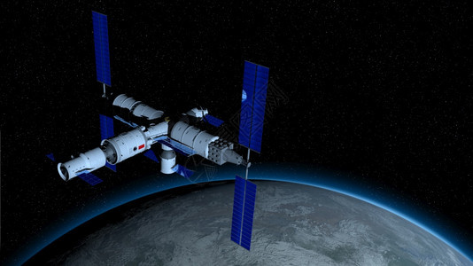 天文学人空宫三号空间站在黑色上绕地球运行恒星背景3D插图图片