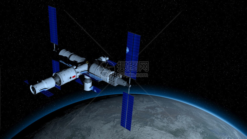 天文学人空宫三号空间站在黑色上绕地球运行恒星背景3D插图图片