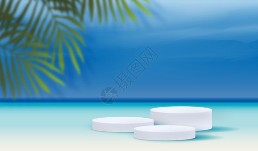 阴影热带夏天用于产品展示牌和包装工作室舞台的化装海和滩背景最低值和高级讲台展示3D插图设计有叶背景影版3D插图图片