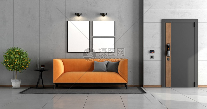 地毯白色的装甲背着前门和橙色现代沙发的住宅入口用水泥墙对面的橘子现代沙发3d图片