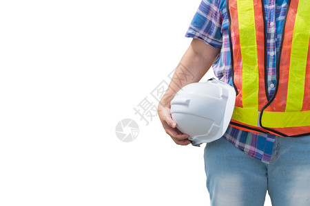 专业的户外技术身持白色安全头盔站在孤立背景下的工程妇女图片