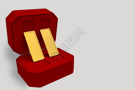 3d复制空间灰色背景在天鹅绒奢华豪红箱中提供两块金条货币交换白色的图片
