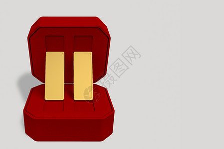 3d复制空间灰色背景在天鹅绒奢华豪红箱中提供两块金条交换订婚钱图片