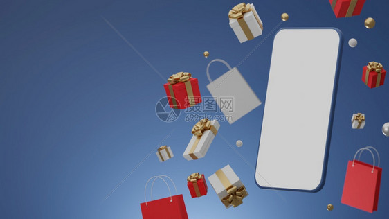 数字的蓝色礼物背景有空白屏幕移动模型礼品盒和购物袋用于广告3D翻版图片
