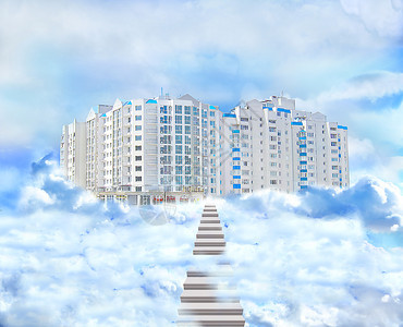 城市好的外部通过云层多现代房子和在云中通往多层现代房子的楼梯通往多层现代房子图片