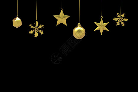 圣诞节季3D代表金色圣诞标志物雪球花星在黑色背景上装饰薄片图片