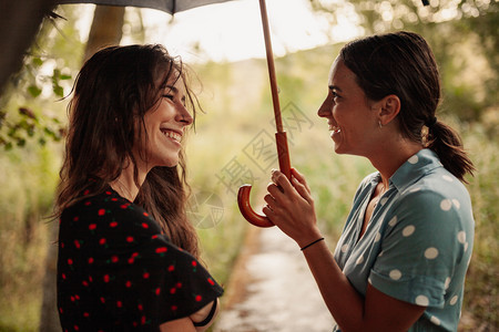 白天约会浪漫两名年轻妇女在田地上拿着雨伞站在身裙子和运动鞋的树丛中站立图片