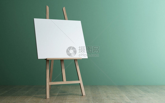 3d在木地板上配有绿墙的木板帆布艺术纸图片