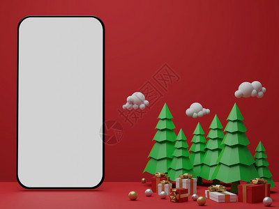 红色背景有空白屏幕移动模型礼品盒和圣诞树用于广告3D投送介绍移动的季节图片