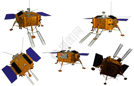 土地工程航天器在月球上以不同角度降落于白色背景的3D插图金属图片