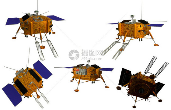 土地工程航天器在月球上以不同角度降落于白色背景的3D插图金属图片