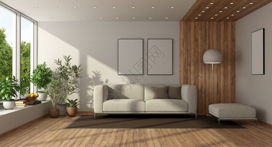硬木当代的空白装有大型窗户和白色家具的最小客厅3天装有大窗户的最小型客厅图片