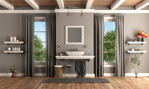 家灰色和白的经典浴室架子上有洗手盆3D制成古典卫生间用传统风格的架子上有洗手盆窗户地面图片