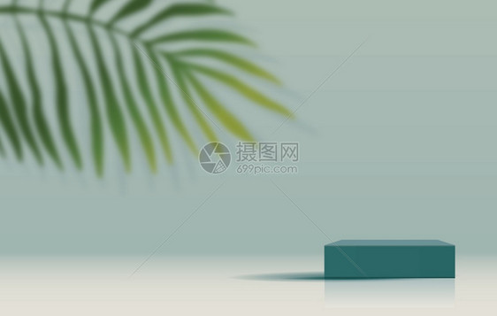 用于产品展示牌和包装介绍工作室舞台的化妆光蓝色底浅背景最低值和高级讲台展示并配有叶底3D插图设计影墙热带奢华图片