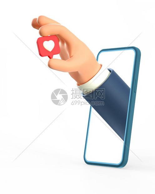 爱3D插图卡通商人手像图标一样握在红针上通过智能手机屏幕社交媒体概念网络图标移动应用程序白背景孤立的3D插图电话人类图片