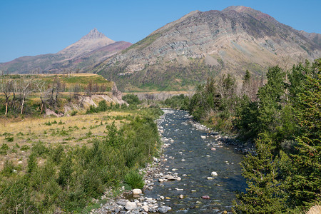 旅行国民风景优美Waterton湖水顿公园景观蓝色天空加拿大艾伯塔图片