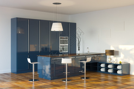 室内的黑暗豪华高科技深蓝厨房透视图间图片