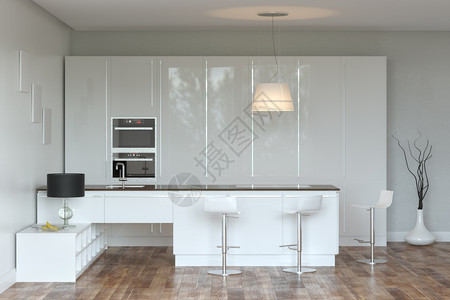 白色豪华高科技厨房与酒吧框架版本内部的在室里面图片