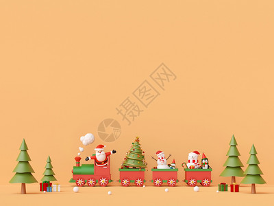 克劳斯横幅新的圣诞快乐和年圣诞老人和雪在圣诞火车上赠送礼物与复制空间3D图片