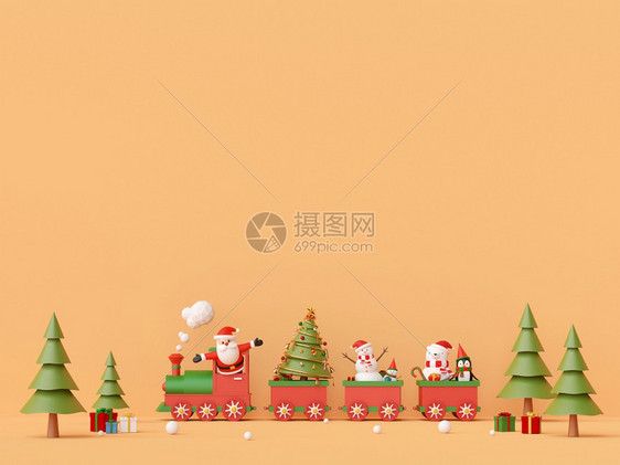 克劳斯横幅新的圣诞快乐和年圣诞老人和雪在圣诞火车上赠送礼物与复制空间3D图片
