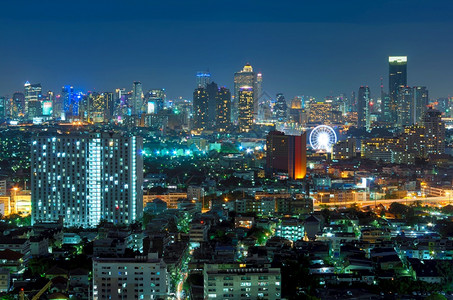 大都会曼谷黄昏夜景区商业曼谷夜景的市风夜晚图片